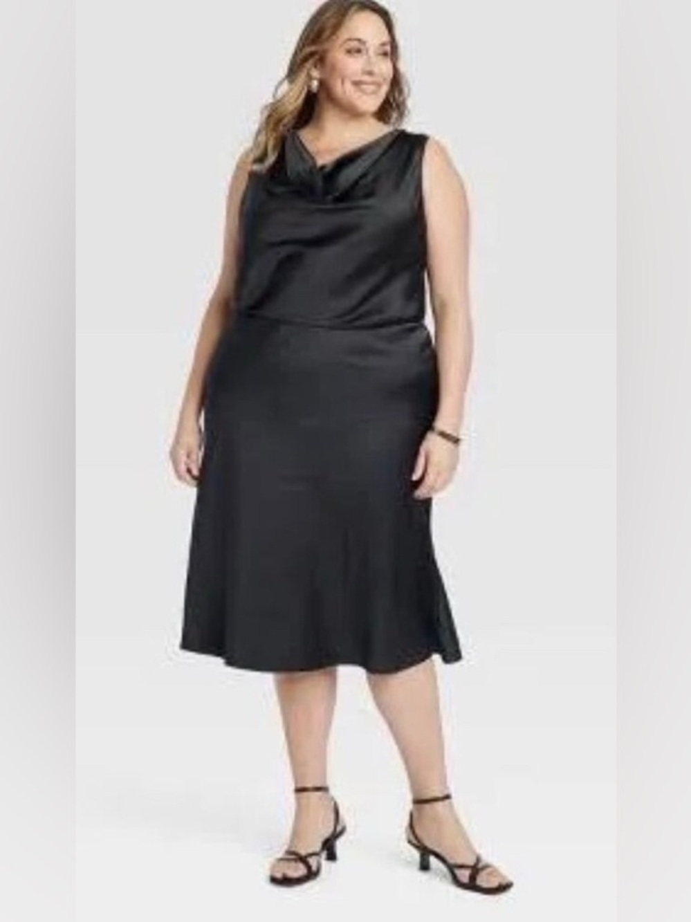 Ava & Viv Black Satin Cowl Neck Plus Size Midi Dress